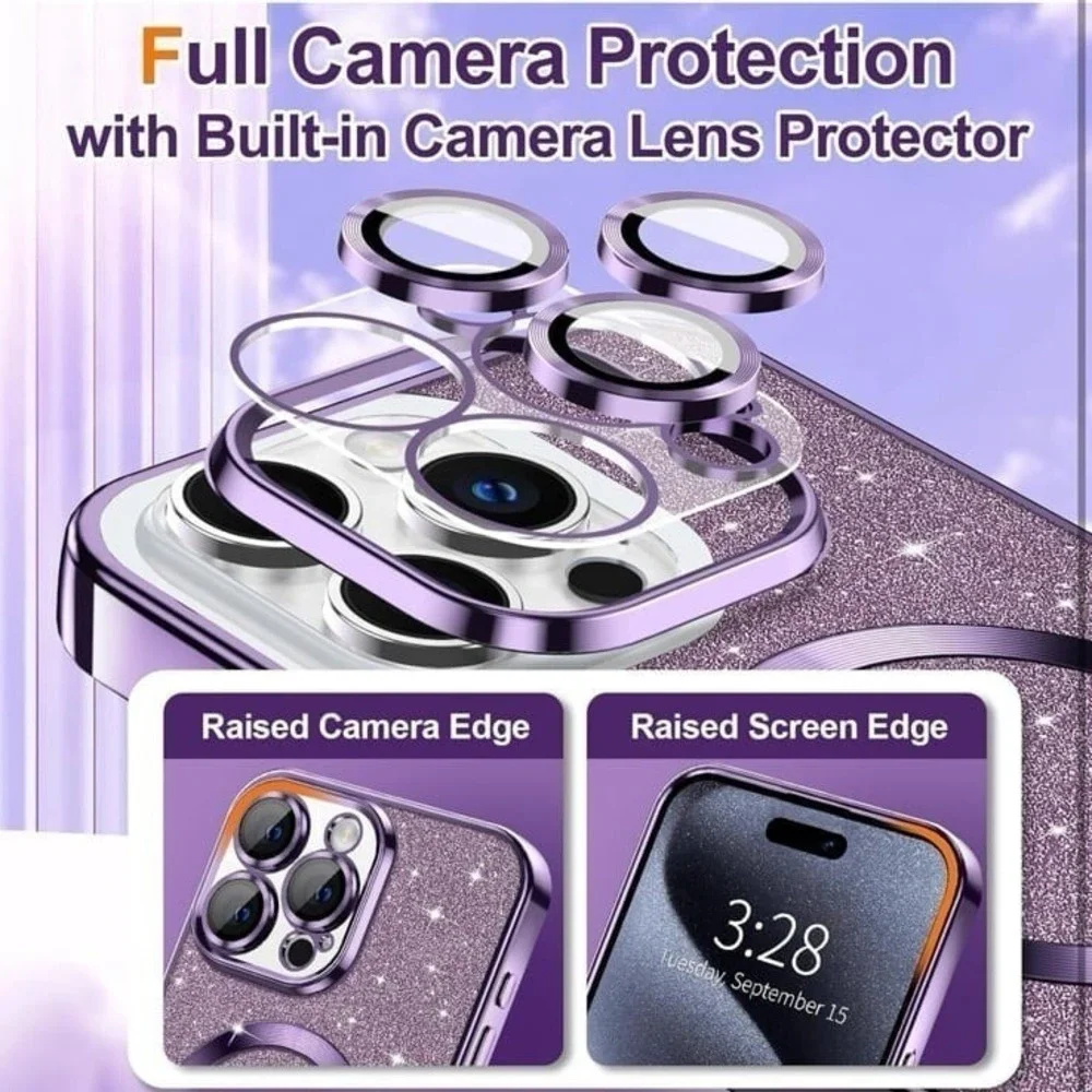 New Hython for iPhone 15 Pro Max Case Glitter, Clear Magnetic Phone Cases camera